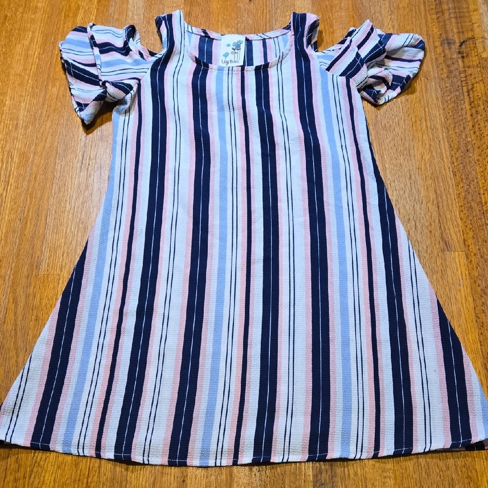 Lily Bleu Girls 8 Pink Navy White Striped Cold Shoulder Ruffle Sleeves Dress‎
